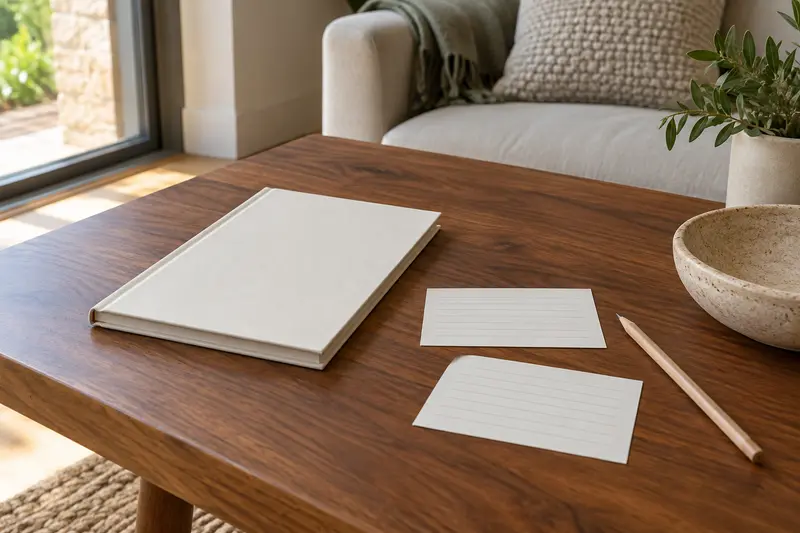 Closed plain booklet, two blank ruled cards and a pencil on a walnut table.