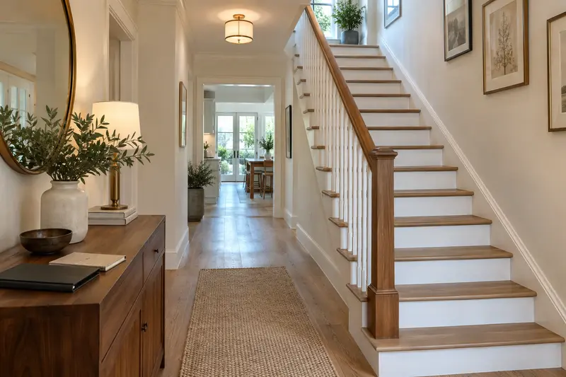 Wooden staircase in a bright hall, with a closed folder and notebook on a walnut console.