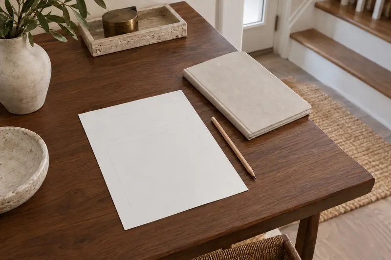 Blank planning sheet, closed linen notebook and pencil on a wooden table beside a staircase.