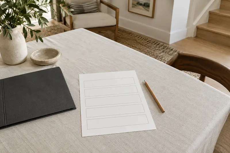 Blank five-row planning sheet, closed folder and pencil on a linen-covered table.