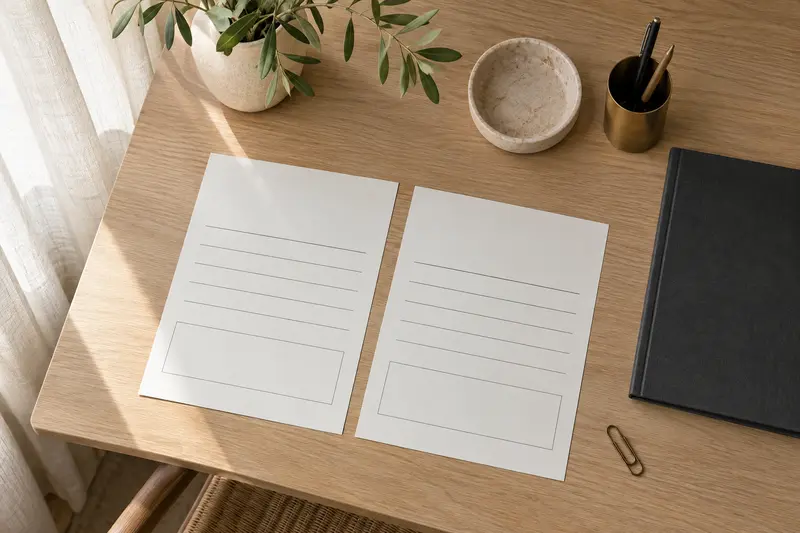 Two blank ruled sheets, a closed folder and a bronze paperclip on a pale wooden desk.