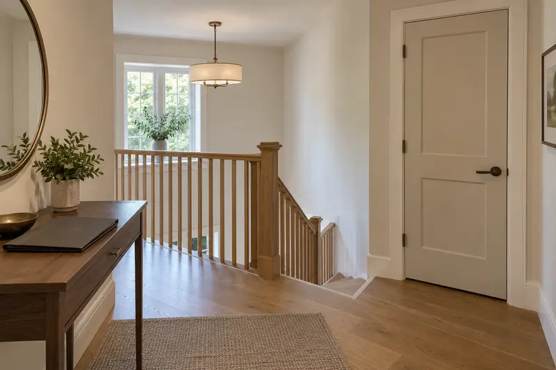 Upper stair landing with a wooden handrail, nearby closed door and folder on a console.