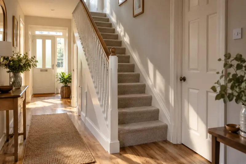 A clear home entrance hall with carpeted stairs, a wooden handrail and closed room doors