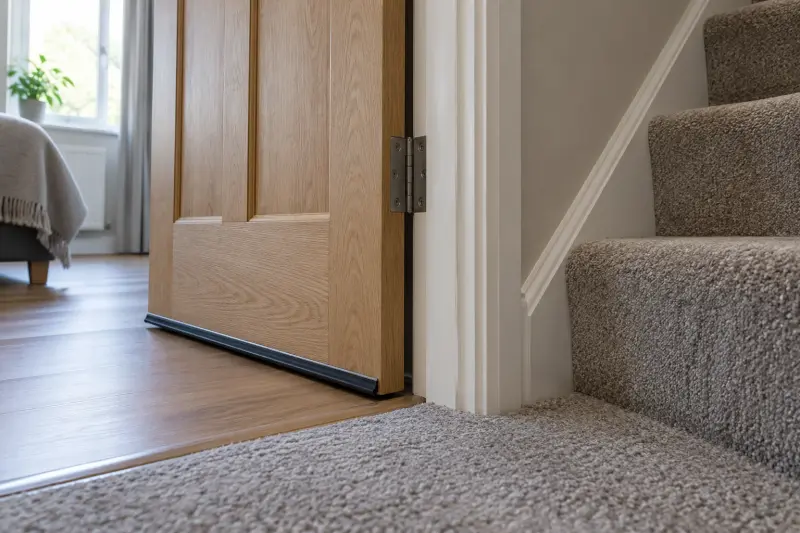 An open wooden room door beside carpeted stairs with its hinge and threshold visible