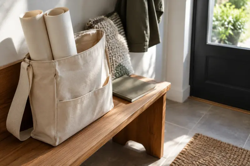 Blank paper rolls in a canvas carrier beside a closed notebook on an entrance bench