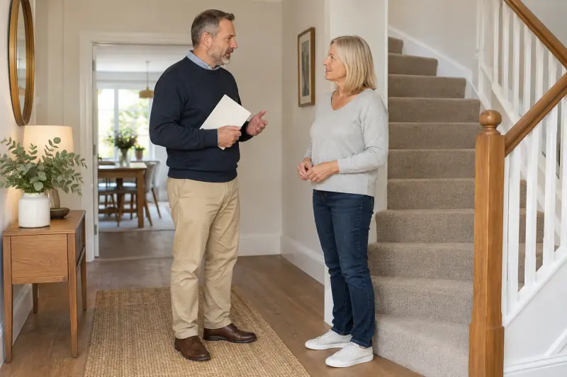 Two adults discussing plans beside the bottom of a staircase with a closed booklet