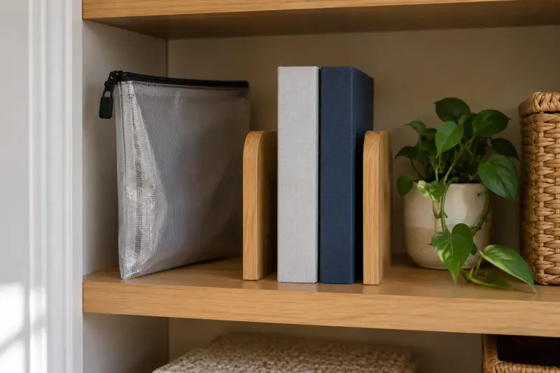 A plain zip document pouch and unmarked books stored upright on a dry cupboard shelf