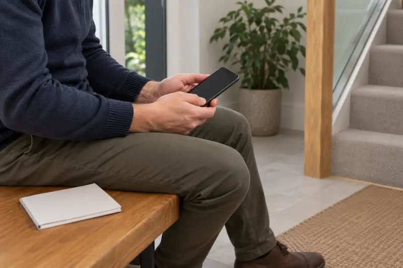 Een zittende volwassene houdt een telefoon met donker scherm naast een boekje bij een trap