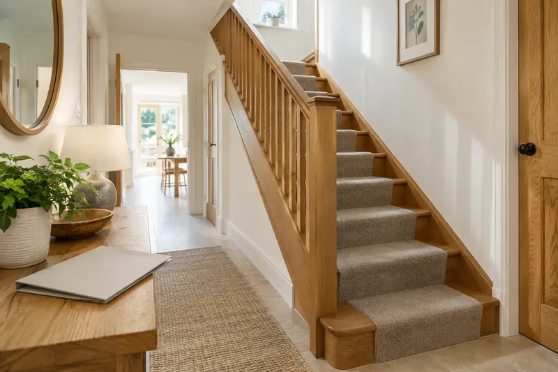 Plain installation-planning folder on a wooden console beside an oak staircase.