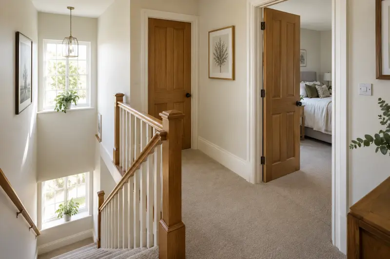 Illustrative empty upstairs landing with a banister and open bedroom doorway.
