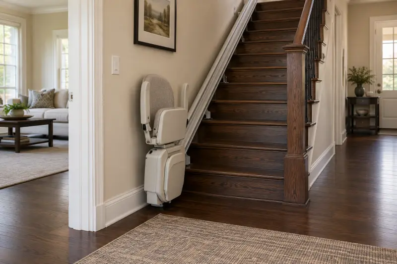 Illustrative folded empty stairlift at the bottom of a staircase beside a hallway.