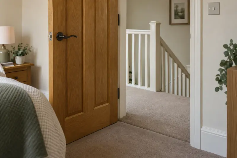 Illustrative partially open bedroom door with a handle and landing beyond.