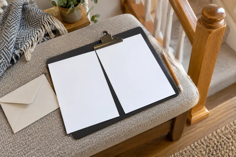 Illustrative blank pages on a clipboard beside a pencil and closed envelope.