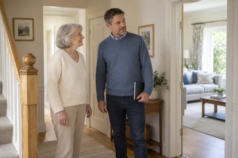Illustrative household conversation on a level floor beside an open doorway.