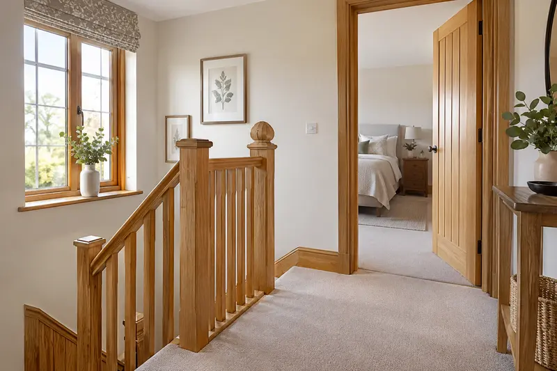 Oak upper stair landing beside an open bedroom doorway.