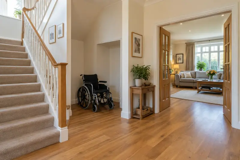 Illustrative photograph of a home staircase and room doorway with an unused wheelchair parked in an alcove.