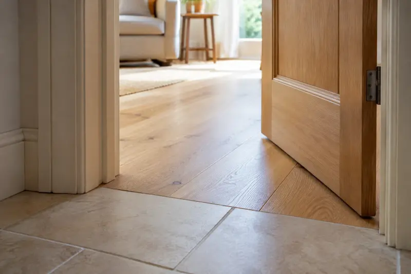 Illustrative close-up photograph of an open doorway and the join between tiled and wooden floors.