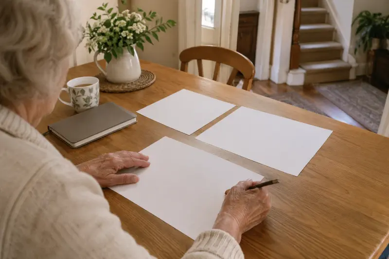 Illustrative photograph of a person preparing three blank planning sheets beside a plain notebook.