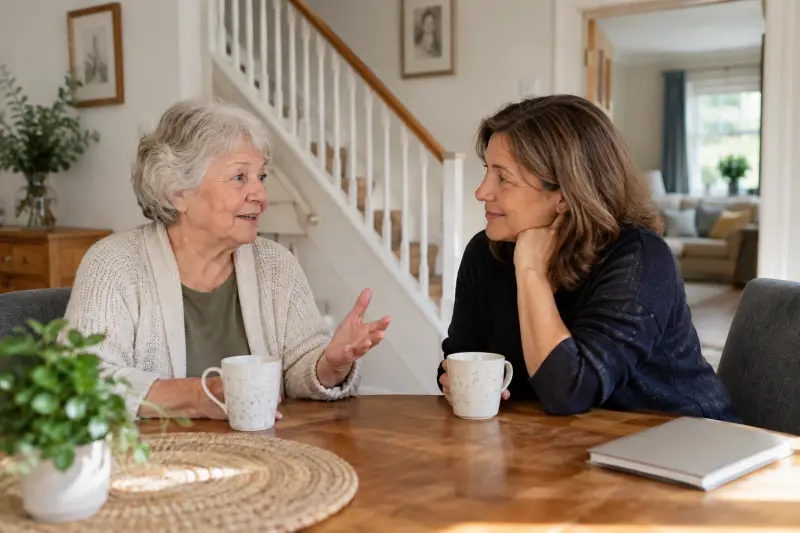Illustrative photograph of two women discussing their home journey beside a staircase.