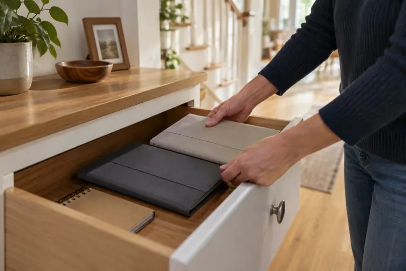 Illustrative photograph of two plain document wallets being stored in a hallway drawer.