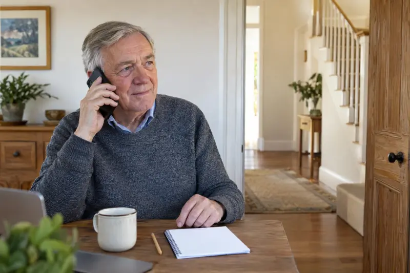 Illustratieve foto van een man die aan een bureau thuis telefonisch informatie vraagt, met een trap verderop.
