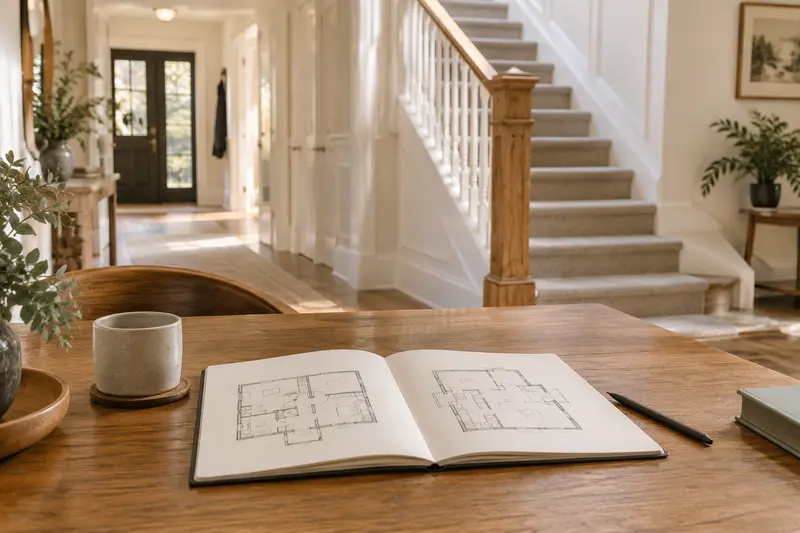 Two-floor planning sketches in an open notebook on an oak table near a staircase.