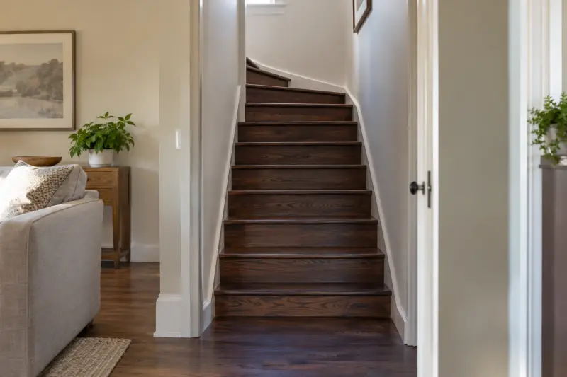 Dark wooden stairs viewed from a living-room doorway in a modest home
