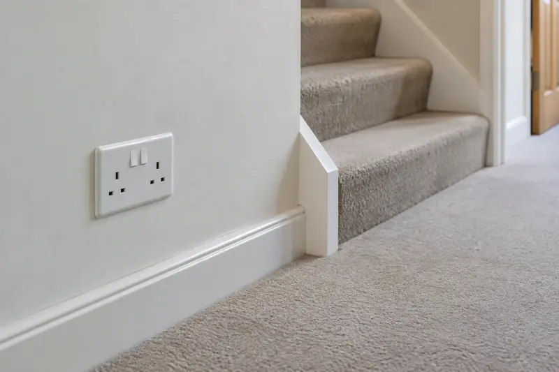 An unused wall outlet beside skirting and carpeted stairs with no plug or cable