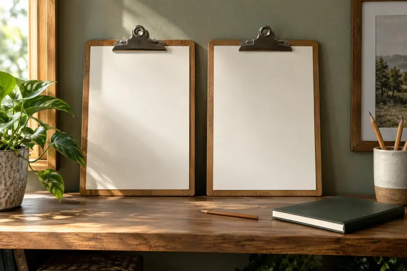 Two blank clipboards upright beside a pencil and closed notebook in a study