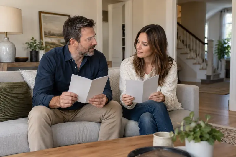Two adults on a sofa discussing separate blank brochures with stairs in the background