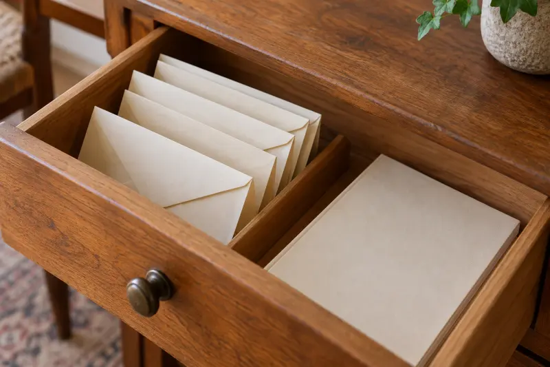 Plain envelopes and a closed unmarked booklet retained in a wooden drawer