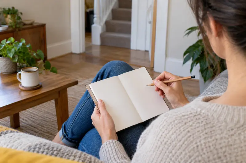 Een zittende volwassene houdt een blanco notitieboek en potlood met een trap achter de deur