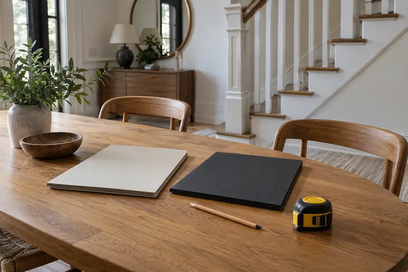 Two plain quotation folders and a tape measure on an oak table beside a staircase.
