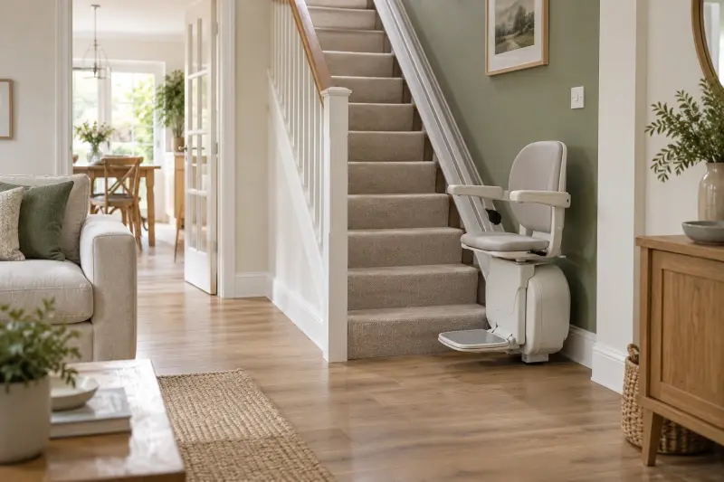Illustrative empty stairlift beside a carpeted staircase viewed from a living-room doorway.