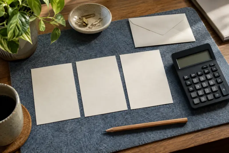 Illustrative blank comparison cards beside a calculator, envelope and pencil.