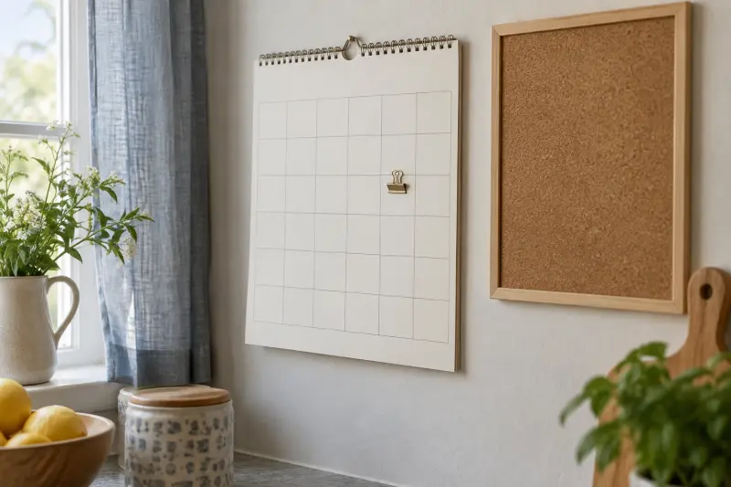 Illustrative undated calendar grid with a plain clip in a quiet kitchen corner.