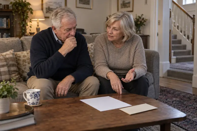 Illustrative seated couple discussing a blank page and envelope at home.