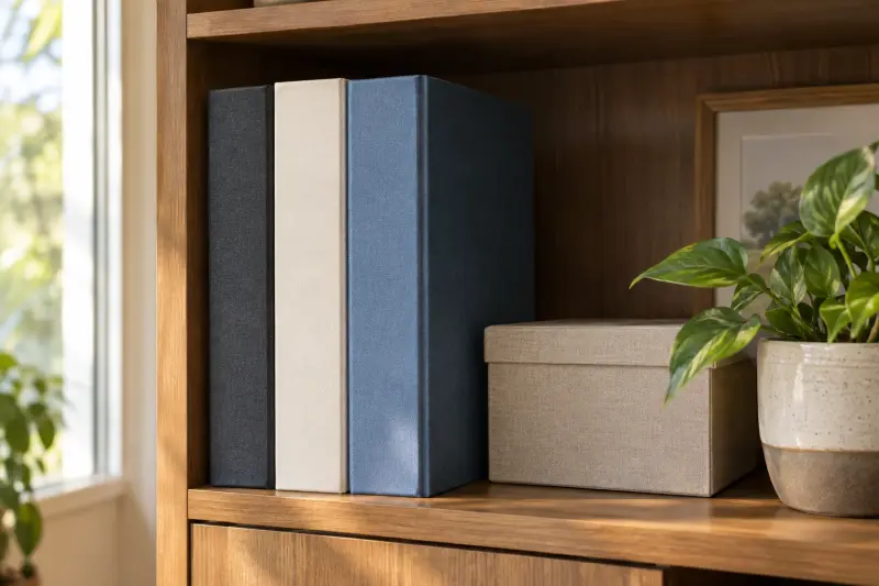 Illustrative unmarked books and a closed box in a home cabinet.
