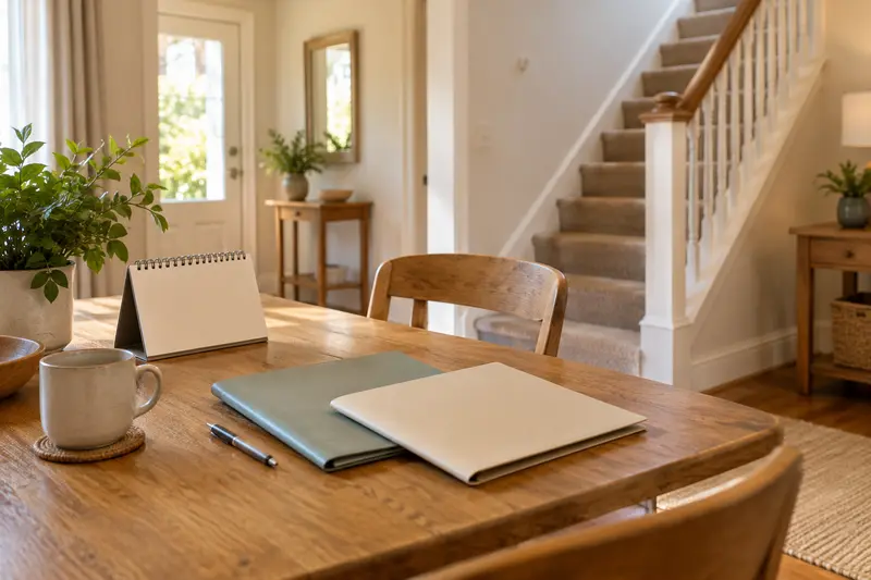 Two plain contract folders and an unmarked desk calendar beside a domestic stairway.