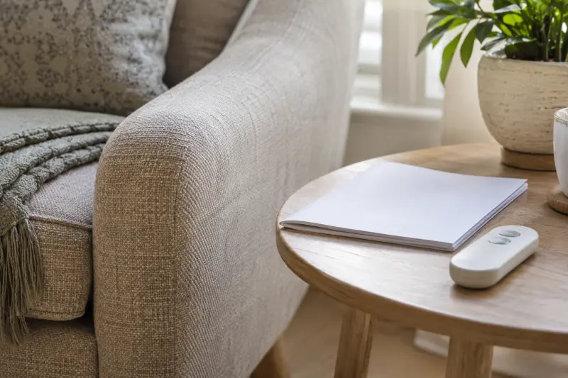 Illustrative detail of an ordinary chair arm, plain booklet and inactive unmarked remote.