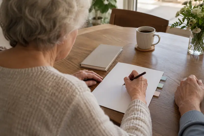 Illustrative photograph of a person preparing blank paper notes for a stairlift options discussion.