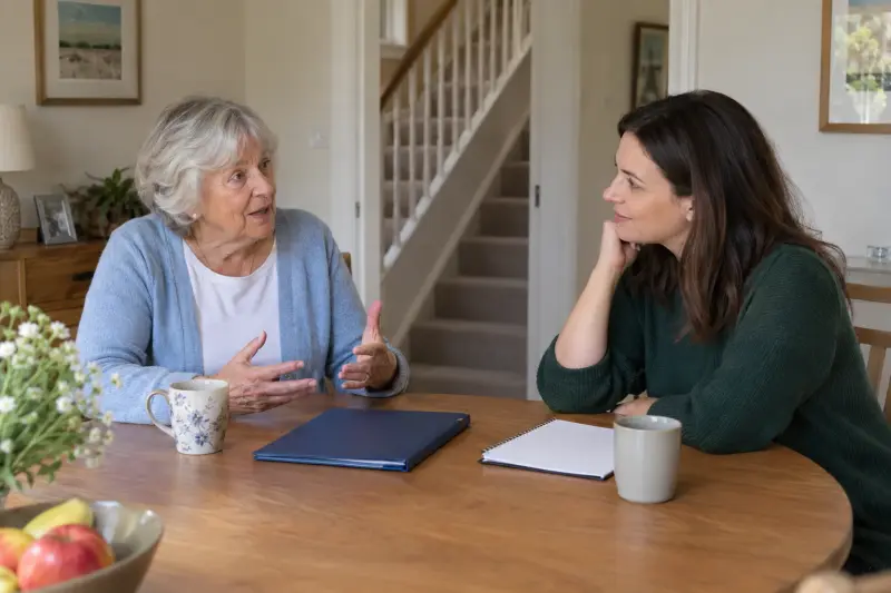Illustrative photograph of an older woman discussing household needs beside a staircase.