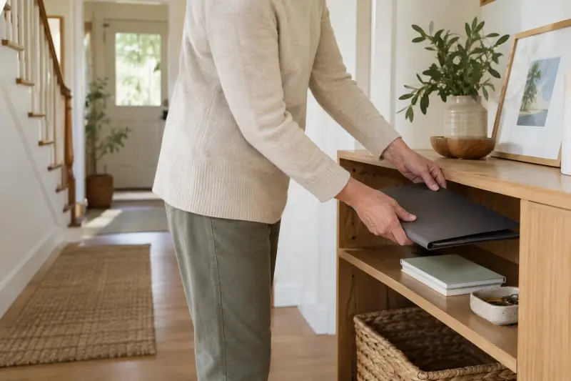 Illustrative photograph of a person storing a plain folder in a hallway cabinet beside a staircase.