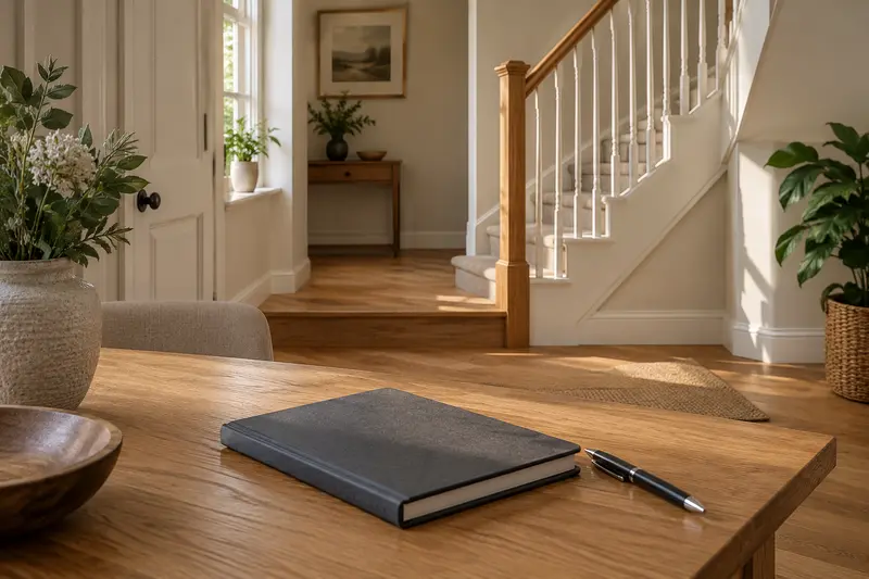Closed charcoal notebook and pen on an oak table near a domestic staircase.