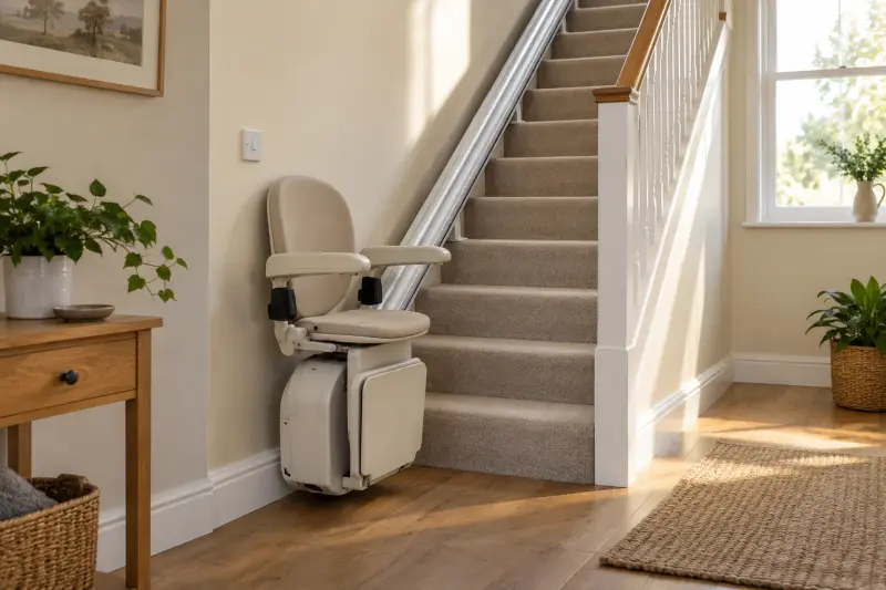 An unoccupied generic stairlift chair with folded footplate beside a straight stair rail