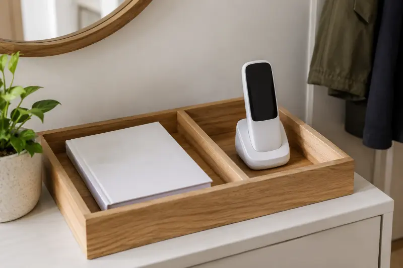 A closed plain booklet and unlit generic handset stored in separate tray compartments