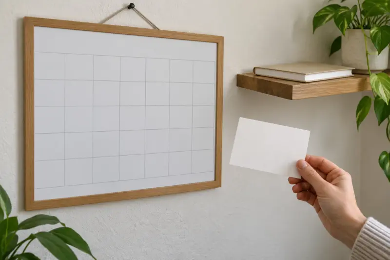 A hand holding a blank reminder card beside an empty wall planner grid