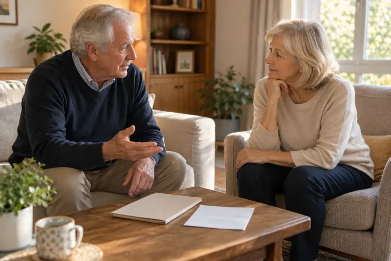 Two older adults discussing a plain booklet and blank folded letter in a living room