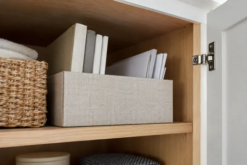Unmarked manuals and blank papers in a linen document box on a dry cupboard shelf