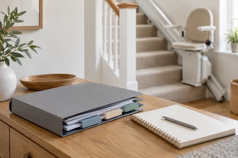 Tabbed service folder and a notebook on a wooden console, with an illustrative stairlift in the background.
